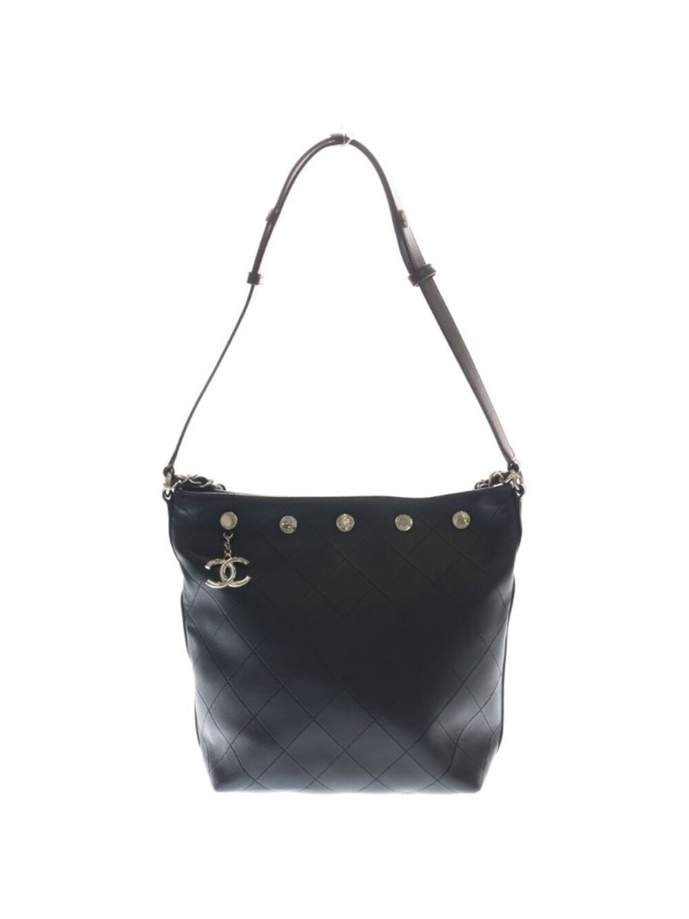 Chanel Tote Bag Chain Black Leather Silver